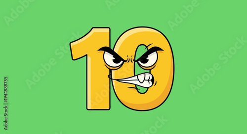Angry Cartoon Number Ten with Glowing Yellow Color