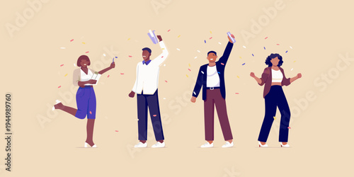 Diverse group of people celebrating with confetti and raising glasses