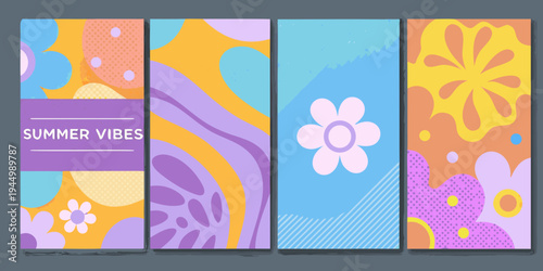 Abstract geometric patterns in vibrant summer colors arranged in a grid