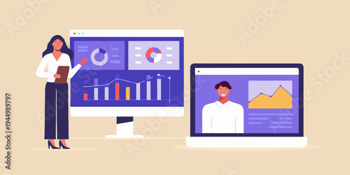 Woman presenting data analysis to a man during a video conference