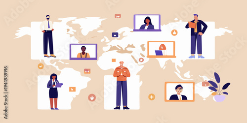 Global team collaborating remotely using video conferencing and digital connections