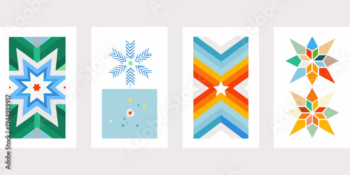 Four colorful geometric bookmark designs with star and chevron motifs
