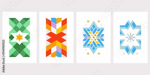Four vertically oriented geometric designs in vibrant contrasting colors