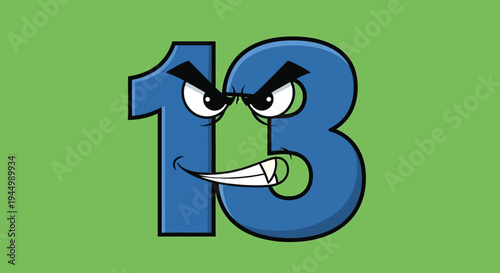 Angry Cartoon Number 13 on Green Background