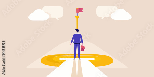 A person stands on a path toward a flag symbolizing goal achievement