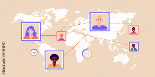 Global connections diverse portraits linked across a world map illustration