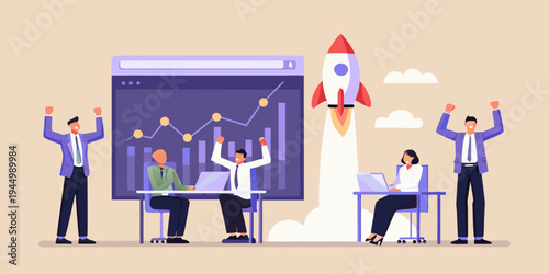 Team celebrates a successful rocket launch visualized on a digital display