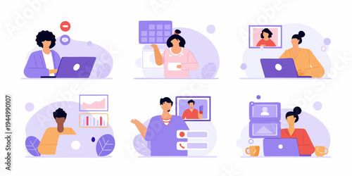 Diverse people connecting through video calls and using digital devices