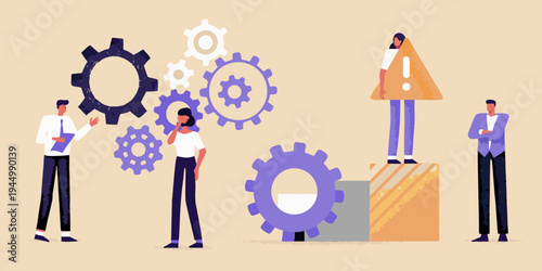 Team discussing problems and solutions with gears representing complex systems