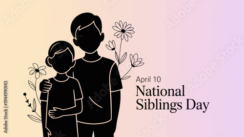 National siblings day illustration with silhouettes of brother and sister on pastel background with flowers