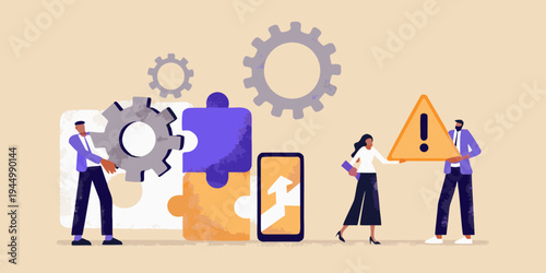 Team collaborating on problem solving with puzzle pieces and warning signs