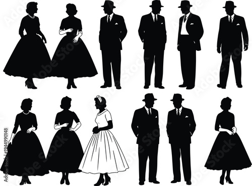 Vintage Nineteen Fifties Style Silhouettes Featuring Men and Women in Retro Fashion Mid Century Suits and Dresses for Nostalgic Graphic Design