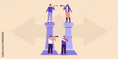 People communicating with megaphones atop pillars pointing in different directions