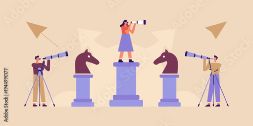 People observing with telescopes amidst chess piece shaped pillars