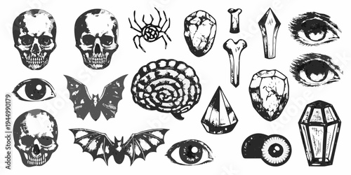 An assortment of spooky and mystical illustrated elements in monochrome