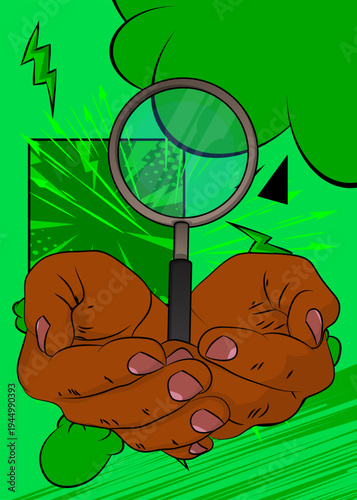 Cartoon, comic book human hands holding Magnifying glass. Retro vector comics pop art design.