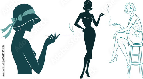 Vintage vector illustration set of elegant 1950s women in silhouettes and line art smoking long cigarettes for retro fashion design