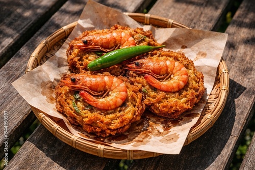 Crispy Indonesian shrimp fritters bakwan udang with green chili, rustic dappled sunlight food photography for authentic street food menus.