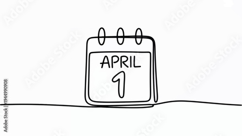 April 1st calendar page on white background simple line drawing minimalistic design black lines symbolizing start of spring new beginnings and april fool's day