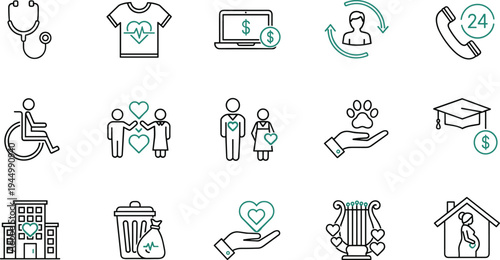 Set of Linear Vector Icons Representing Social Services Disability Rights Elderly Care Education Funding Healthcare Support Environmental Protection and Community Outreach