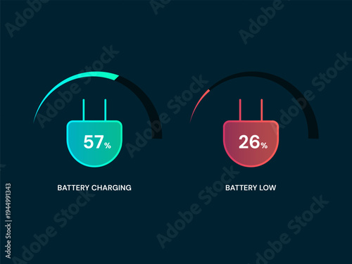 Electric vehicle(EV) UI with minimalist EV connector plug icons and Charging Progress Bar showing battery charging and low status vector illustration design concept. Battery charging for ui, ev car.