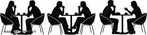 Set of People Sitting at Cafe Tables Silhouettes Featuring Couples Talking and Drinking Coffee Isolated on White for Social Design