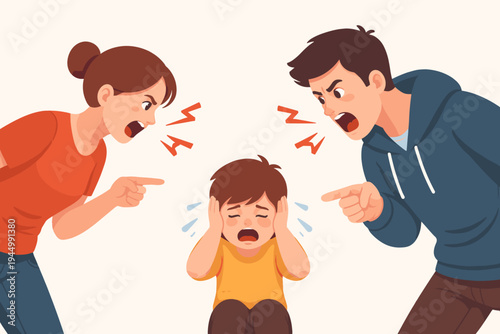 Angry Parents Yelling and Pointing at Crying Child Covering Ears, Domestic Abuse and Toxic Parenting Concept, Emotional Trauma and Family Conflict Scene, Flat Vector Illustration on Light Background