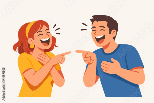 Vector Illustration of a Happy Man and Woman Laughing and Pointing at Each Other While Joking Around. Simple Flat Design of a Couple Sharing a Funny Moment, Having Fun, and Feeling Joyful.