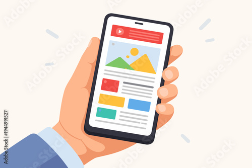 Hand holding a smartphone displaying a colorful news website or mobile application interface. Flat vector illustration of a person using a mobile phone for reading digital news and social media.