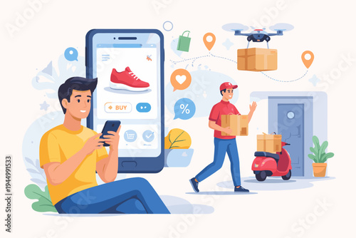 Flat vector illustration of a young man using a smartphone app for online shopping to buy shoes, featuring modern delivery methods like a courier, drone, and scooter for fast package shipping.