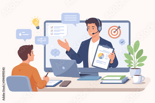 Professional Business Coach Providing Online Mentoring and Career Guidance to a Student via Video Call, Flat Vector Illustration of Remote Learning, Digital Consultation, and Skill Development