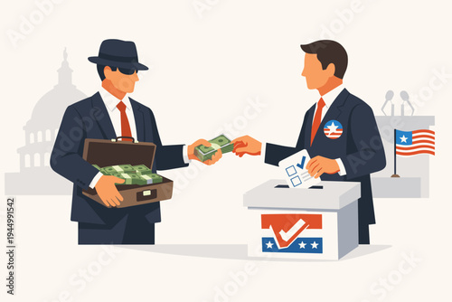 Flat vector illustration of a lobbyist in a suit and hat handing cash from a briefcase to a politician casting a vote into a ballot box, symbolizing political corruption, bribery and fraud.