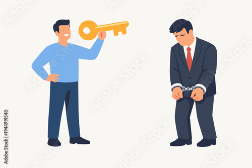 Vector illustration of a smiling man holding a golden key to unlock a sad businessman in handcuffs, symbolizing freedom, legal assistance, bail, problem-solving, and overcoming obstacles.