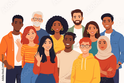 Diverse Multiethnic Group of People Standing Together in a Flat Vector Illustration. Smiling Men and Women of Different Ages and Cultures Representing Unity, Inclusion, and Global Community.