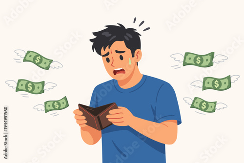 Stressed man looking at an empty brown wallet with dollar banknotes flying away with wings, representing financial loss, debt, bankruptcy, inflation, overspending, and money problems vector.