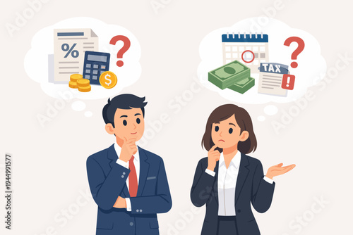 Businessman and businesswoman in suits thinking about tax calculations and deadlines with thought bubbles showing calculator, money, calendar, and tax forms icons in a flat vector style.