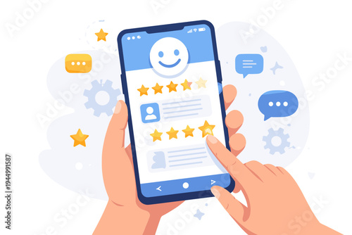 Flat vector illustration of hands holding a smartphone to rate and review customer service on a mobile app. Features a five-star feedback system, smiley face icon, and user profile testimonials.