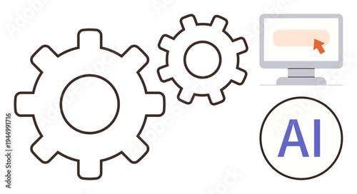 Automation, AI solutions, machine learning, technology integration, software development, digital innovation. Two gears, computer display with cursor AI text. Automation and AI solutions concept