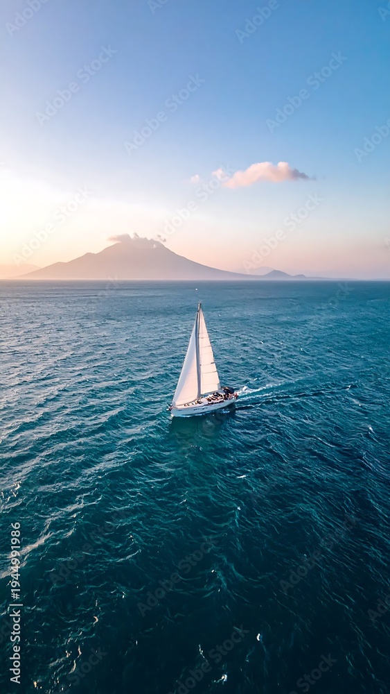 Obraz premium A serene sailboat on calm waters with a mountain in the background