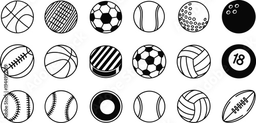 Set of Sports Ball Icons with Soccer Basketball Football Baseball Tennis and Hockey Elements for Athletic Competition and Team Logo Design