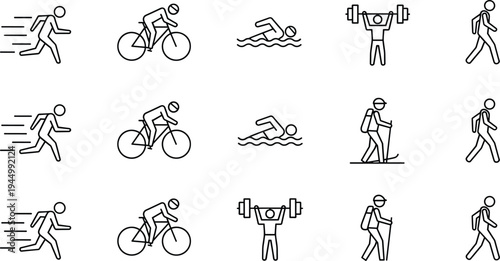 Set of sports icons featuring running cycling swimming weightlifting hiking and walking line art silhouettes isolated on white background vector