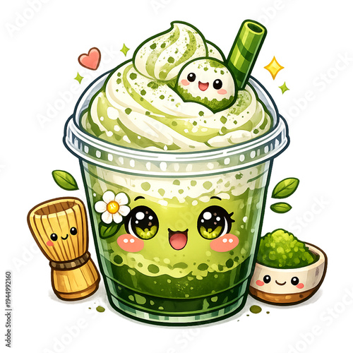 smiling matcha latte, matcha latte, matcha drink, mochi friend, mochi dessert, cute drink, kawaii food, smiling drink, cute dessert, adorable, cheerful, joyful, playful, happy food, sweet treat, japan