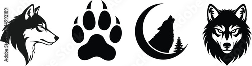 Set of Wolf Silhouettes Including Howling Wolf at Moon Paw Print and Fierce Wolf Head Vectors Isolated on White Background