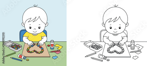 Cute cartoon child crafting a heart shape with colorful buttons, vector illustration. Includes color version and black and white line art coloring page for children's activity books.