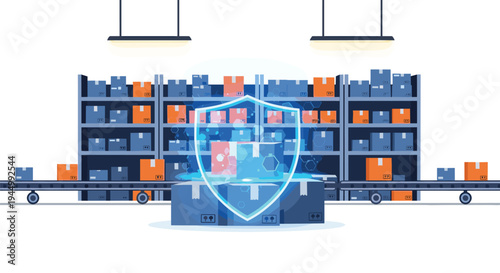 A warehouse interior features tall shelves filled with boxes, a conveyor belt, and a glowing blue shield protecting a central package.