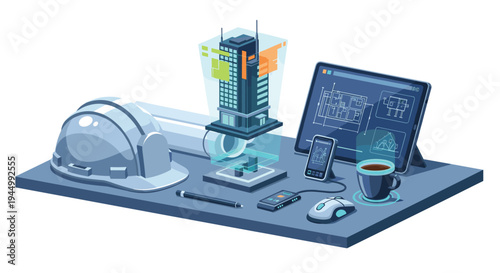 A modern architect's desk features a hard hat, blueprints, a tablet with plans, and a glowing holographic 3D building model.