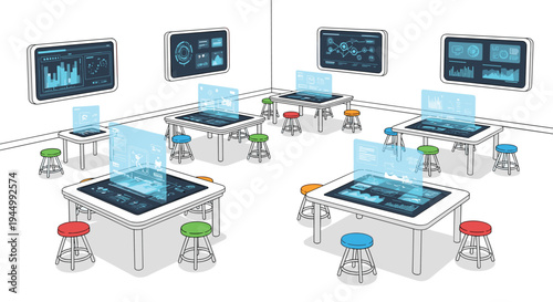 A modern classroom features multiple white tables with glowing holographic displays and colorful stools, complemented by wall-mounted screens.