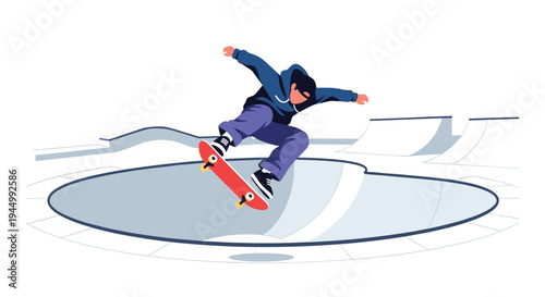 A male skateboarder in a blue hoodie performs an aerial trick on a red skateboard above a grey skate park bowl.