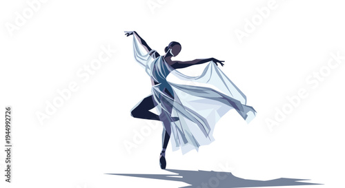 A stylized digital illustration captures a single female ballet dancer in a graceful pose, wearing a flowing translucent costume on a white stage.