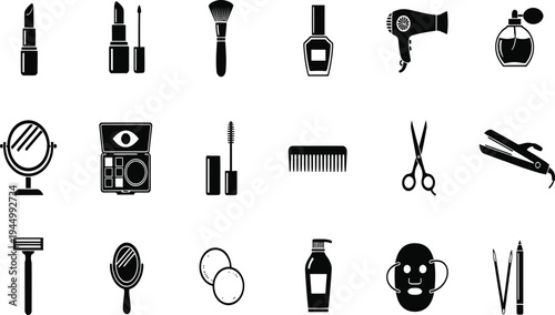 Vector icon silhouette collection black beauty salon and barber shop tools and equipment
